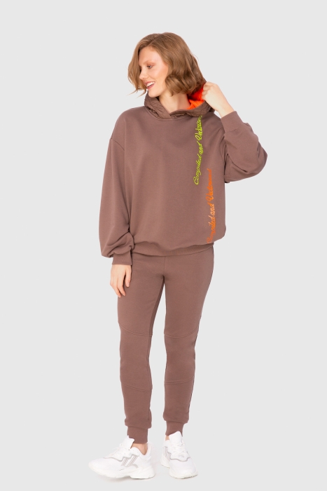 KIWE - Neon Print Detailed Hooded Two-Thread Beige Sweatshirt