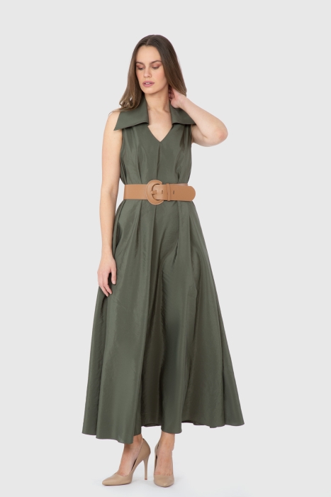 Gizia Belted Wide Collar Long Green Dress. 2
