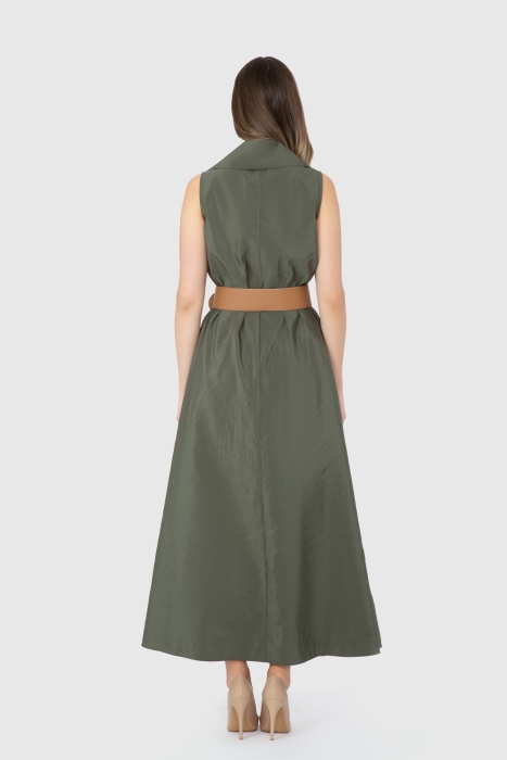 Gizia Belted Wide Collar Long Green Dress. 3