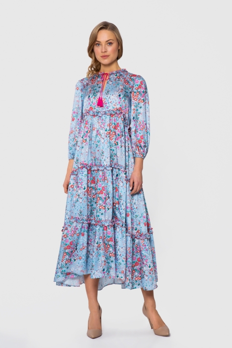 KIWE - Tie Neck Detailed Floral Pattern Long Dress