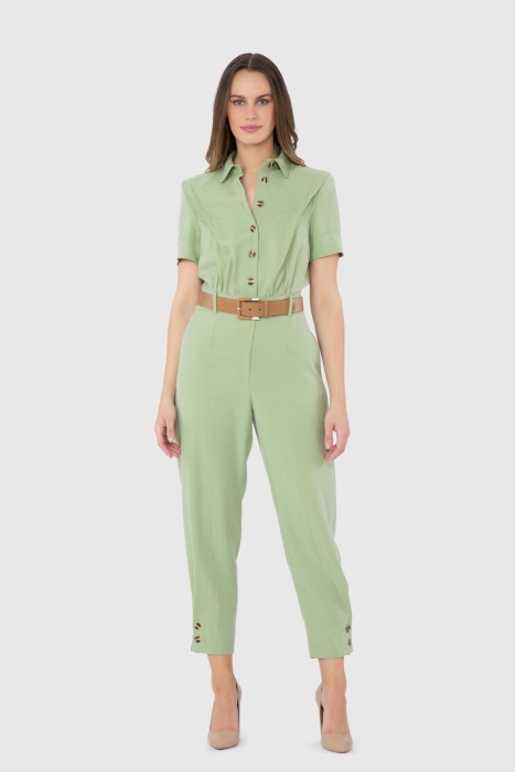 Gizia Short Leg Button Detailed Waist Belt Green Jumpsuit Dress. 1