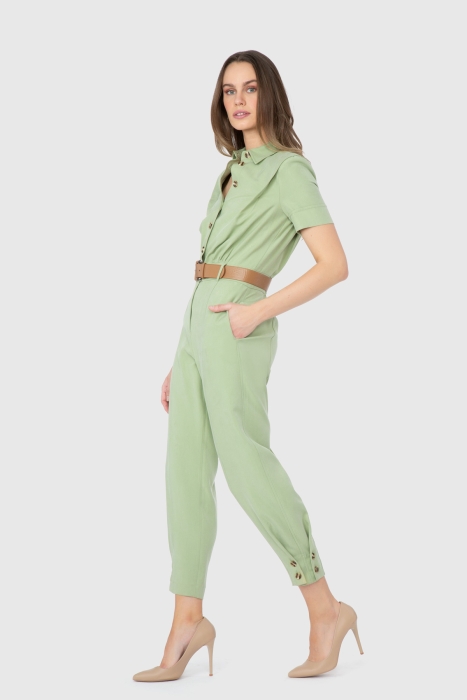 Gizia Short Leg Button Detailed Waist Belt Green Jumpsuit Dress. 2