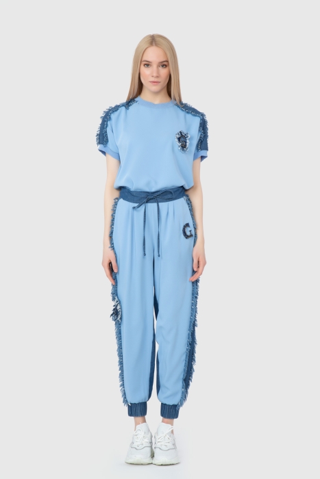Gizia Contrast Jean Detailed Embroidery Blue Trousers. 3