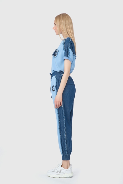 Gizia Contrast Jean Detailed Embroidery Blue Trousers. 2
