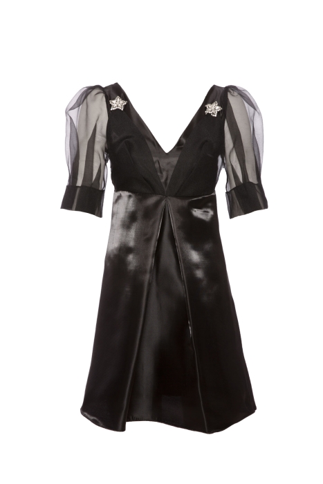 KIWE - Sleeve Detailed V Neck Brooch Black Satin Dress