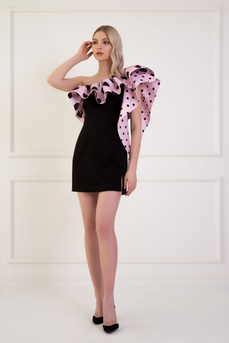 KIWE - One Shoulder Polka Dot Pink Dress With Flounce Sleeves Detailed