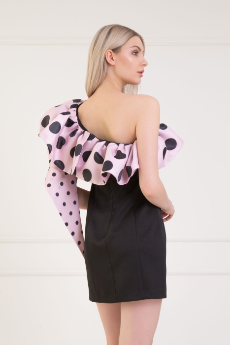 Gizia One Shoulder Polka Dot Pink Dress With Flounce Sleeves Detailed. 2
