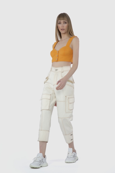 Gizia Buttoned Embroidered Detailed Cargo Ecru Trousers. 1