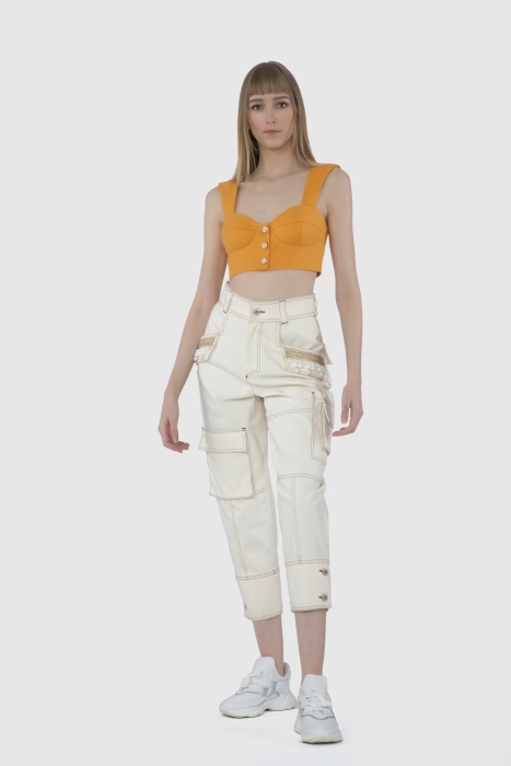 Gizia Buttoned Embroidered Detailed Cargo Ecru Trousers. 2