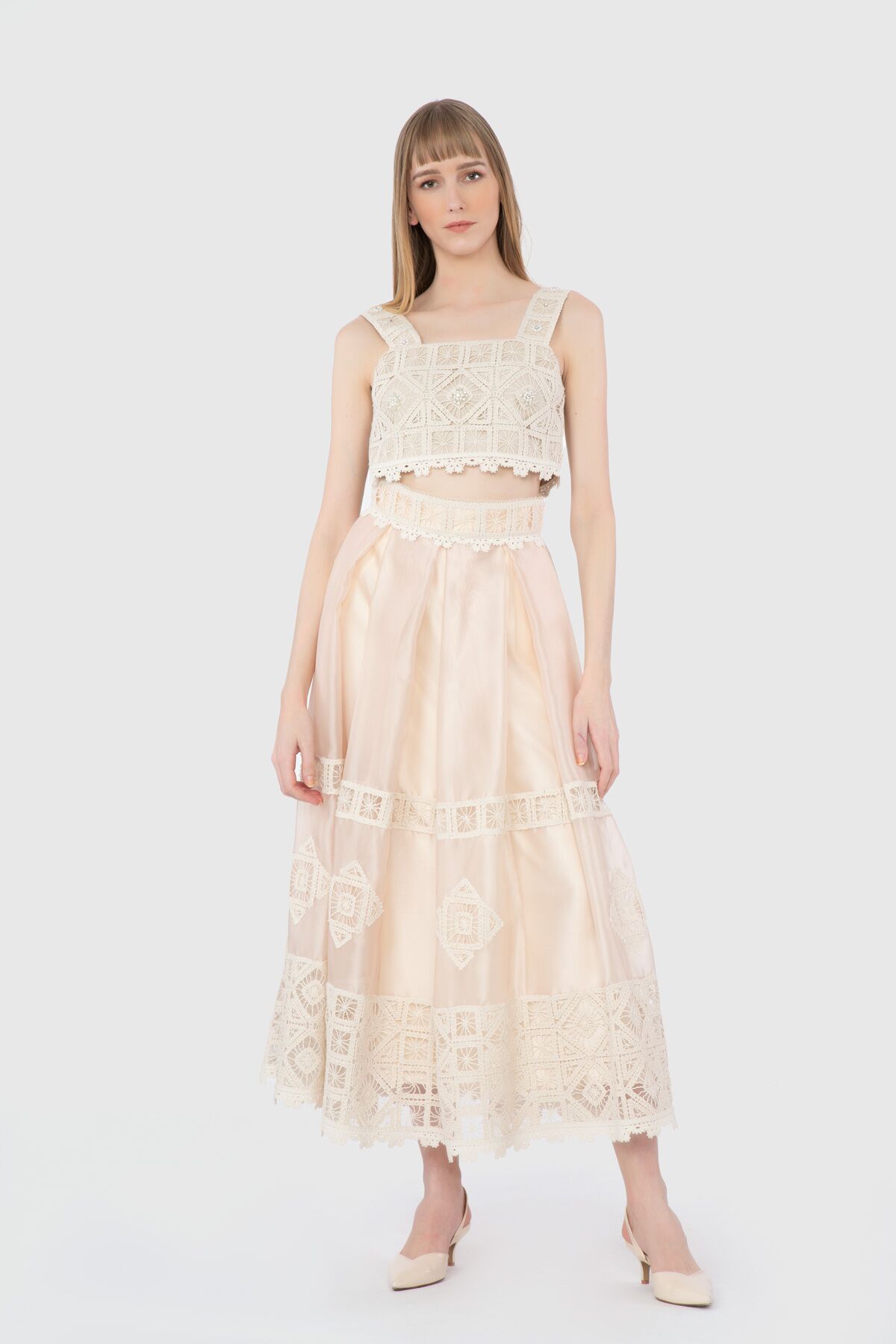  GIZIA - With Sliver Lace And Applique Detail Long Salmon Organza Skirt