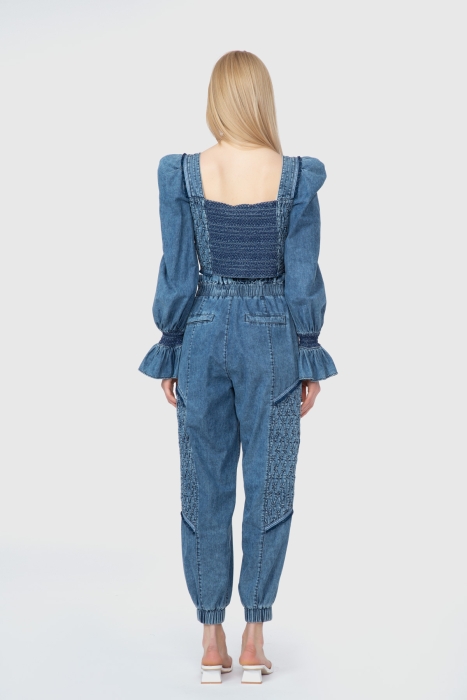 Gizia With Stitching Detail Balloon Sleeves Gathered Back Blue Crop Top. 4