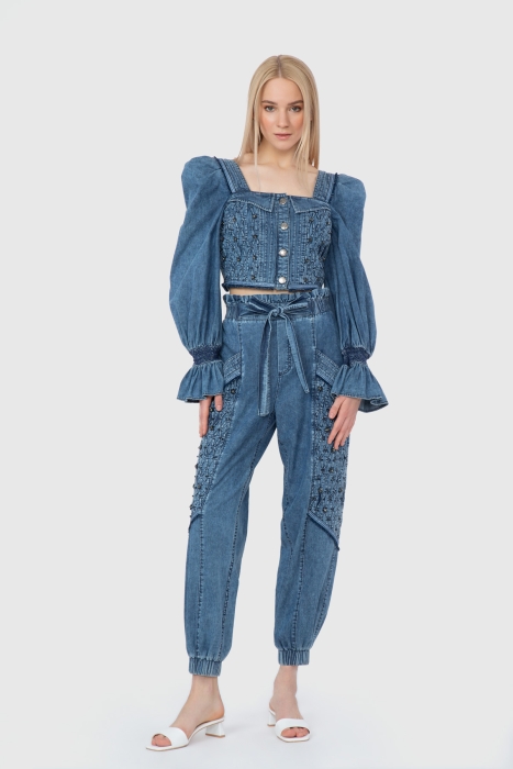 Gizia With Stitching Detail Balloon Sleeves Gathered Back Blue Crop Top. 1