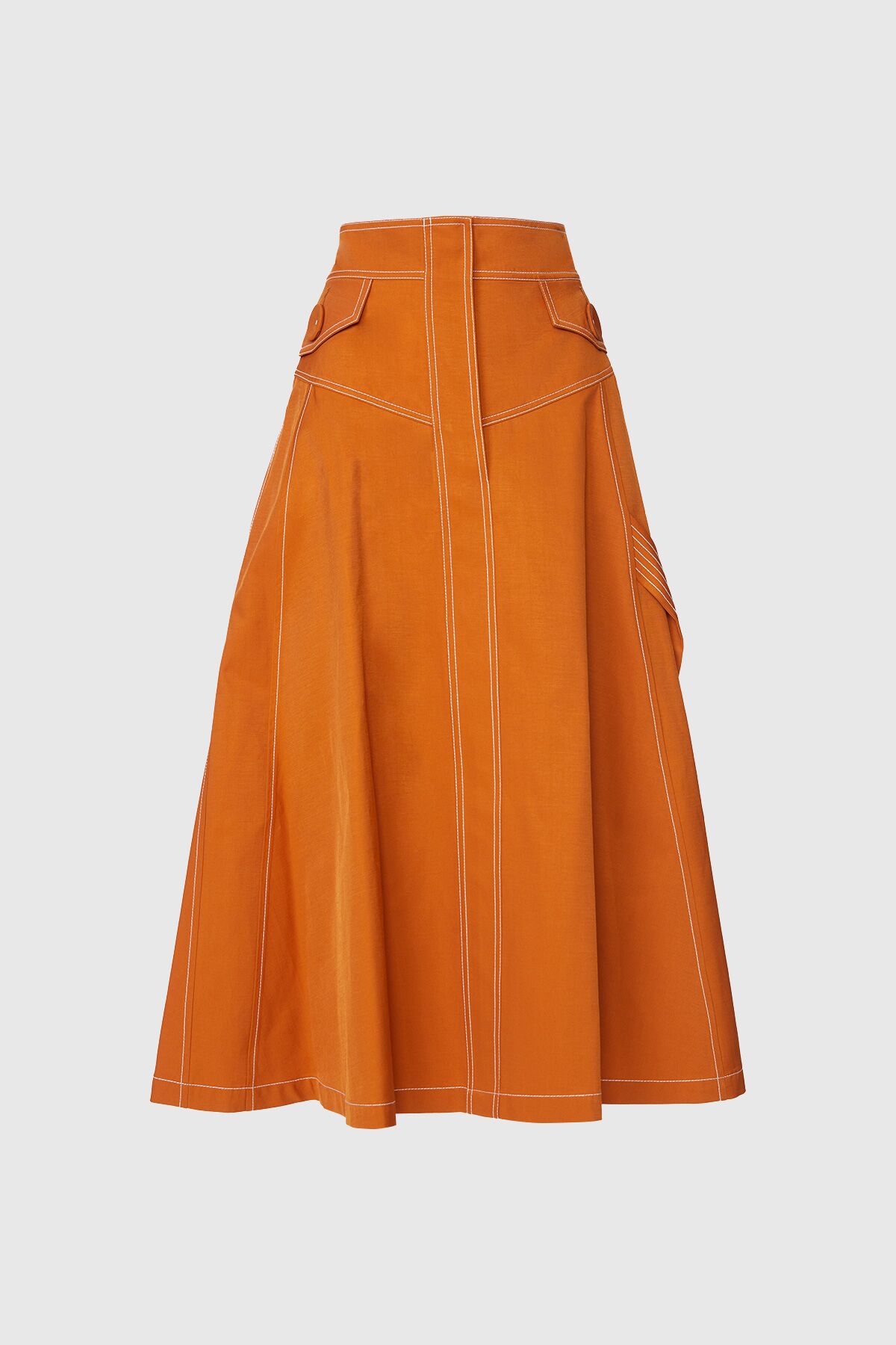  GIZIA - Contrast Stitch Detail High Waist Midi Length Brown Skirt