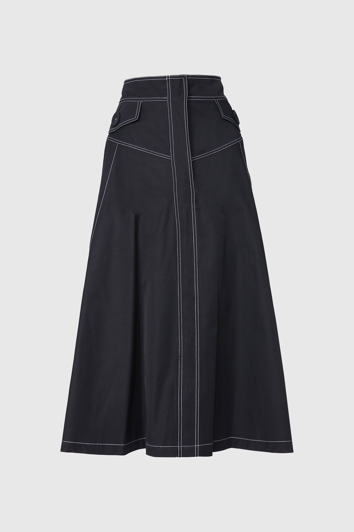  GIZIA - Contrast Stitch Detail High Waist Midi Length Black Skirt