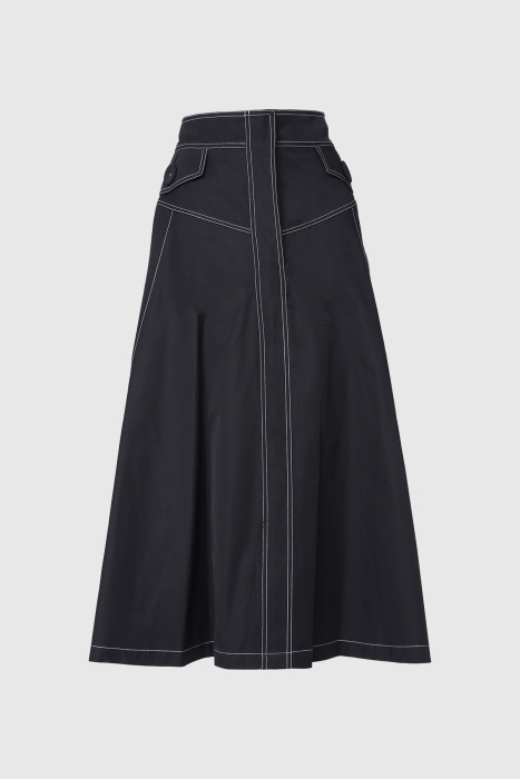 Gizia Contrast Stitch Detail High Waist Midi Length Black Skirt. 1