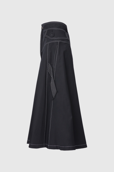 Gizia Contrast Stitch Detail High Waist Midi Length Black Skirt. 2