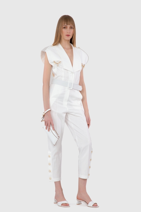 Gizia Accessory And Pearl Button Detailed Belted Ecru Jumpsuit. 1