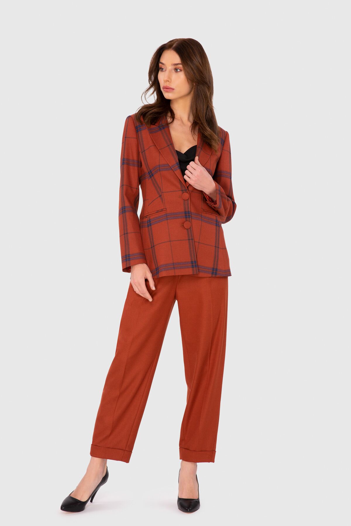 4G CLASSIC - Ekose Fit Ceketli Düz Havuç Pantalonlu Takım Elbise