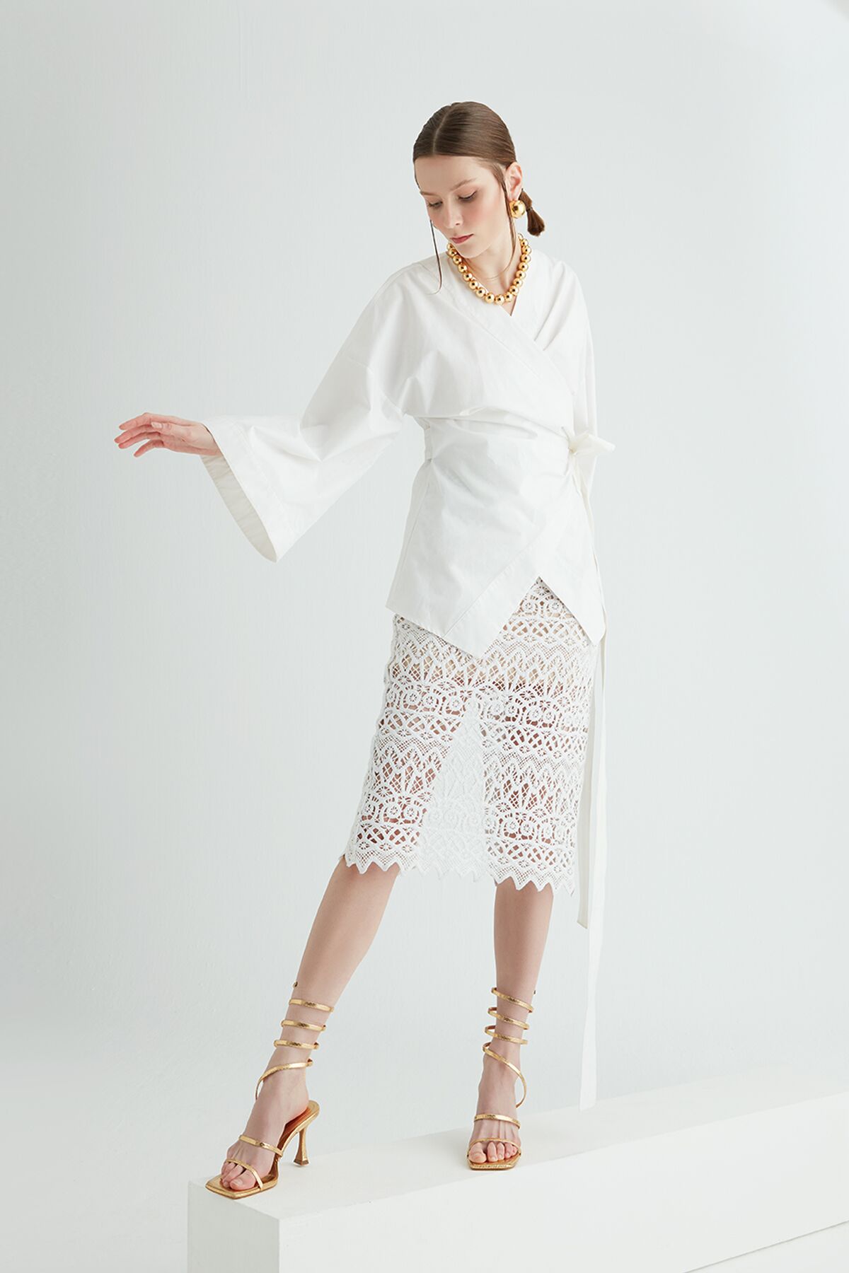  GIZIA - Transparent Patterned Midi Ecru Skirt