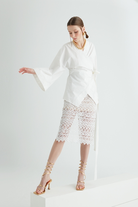 Gizia Transparent Patterned Midi Ecru Skirt. 1