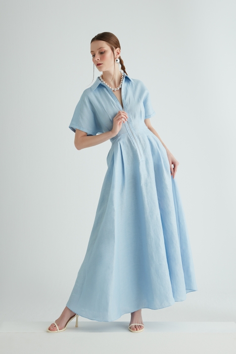 Gizia Zip Front Pleat Detailed Ankle Length Blue Dress. 1