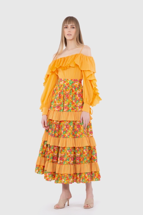Gizia High Waist Crispy Patterned Contrast Fabric Long Orange Skirt. 1
