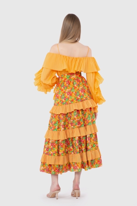 Gizia High Waist Crispy Patterned Contrast Fabric Long Orange Skirt. 3