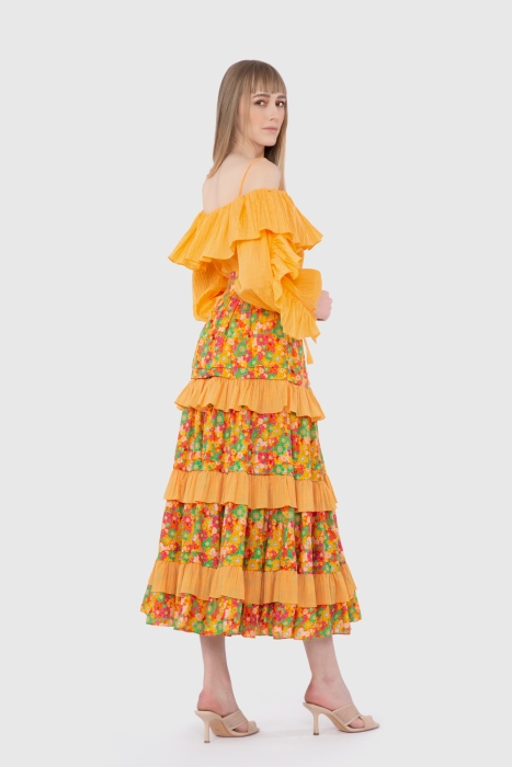 Gizia High Waist Crispy Patterned Contrast Fabric Long Orange Skirt. 2