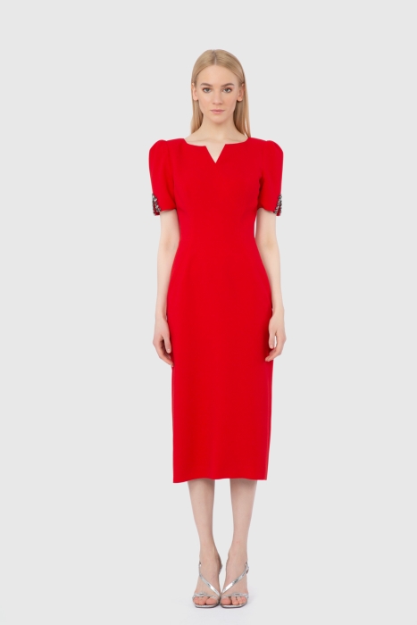 Gizia Embroidered Detailed Midi Length Tight Red Dress. 1