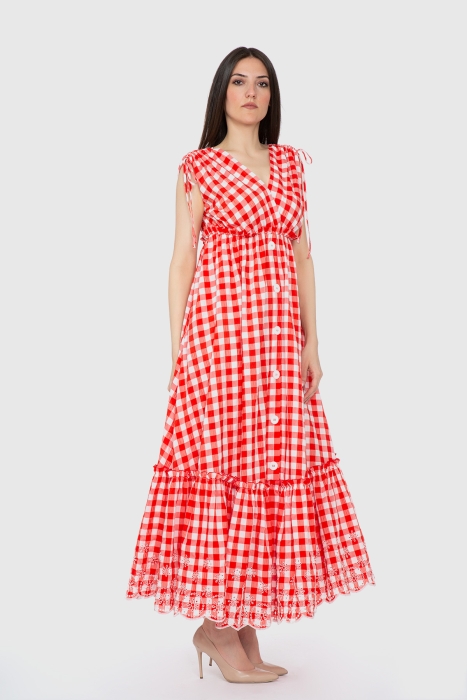 Gizia Red Gingham Pattern V-Neck Long Dress. 2