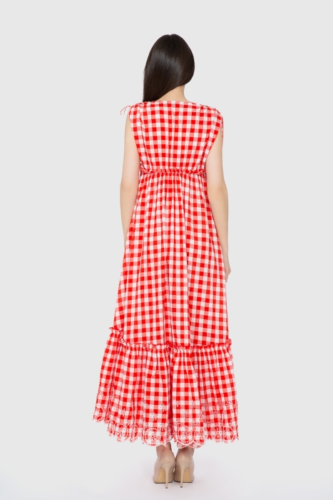 Gizia Red Gingham Pattern V-Neck Long Dress. 3