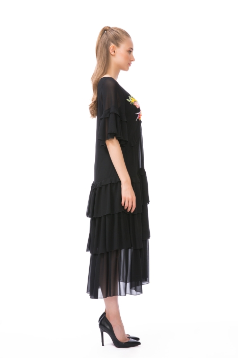 Gizia V Neck Ruffle Detailed Midi Black Dress. 2