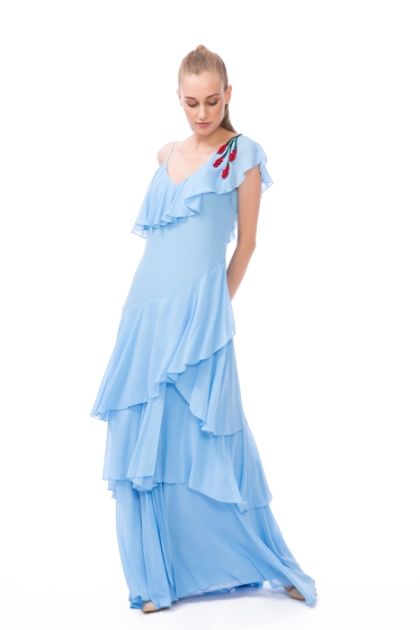 Gizia Layered Ruffle Detailed Embroidered Long Blue Dress. 3