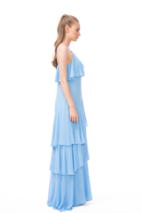 Gizia Layered Ruffle Detailed Embroidered Long Blue Dress. 2