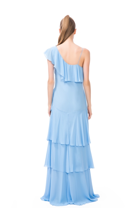 Gizia Layered Ruffle Detailed Embroidered Long Blue Dress. 1