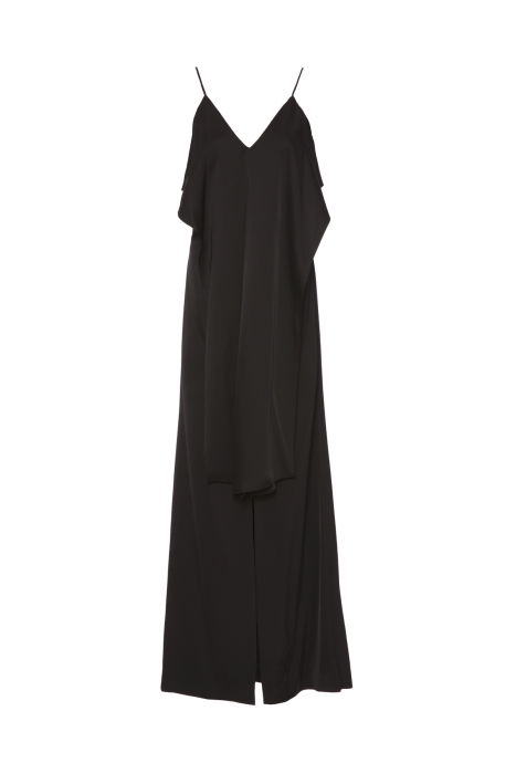  GIZIA - Slit Detailed Matte Satin Strap Black Evening Dress