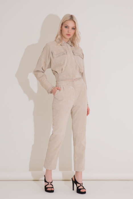 Gizia With Embroidered Stripe Detail Ecru Suede Trousers. 1