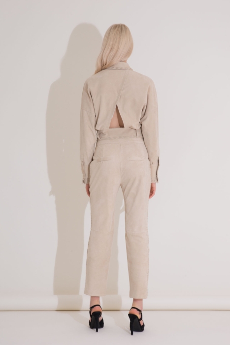 Gizia With Embroidered Stripe Detail Ecru Suede Trousers. 2