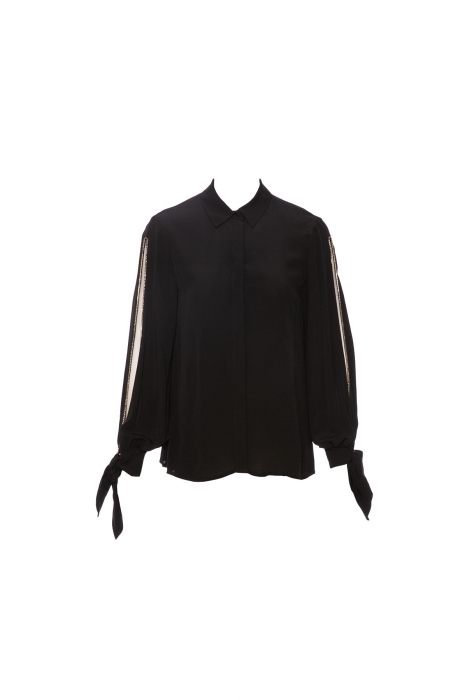 GIZIA - İşleme Detaylı Bağlamalı Kollu Viskon Siyah Gömlek