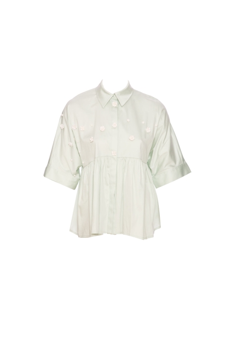  GIZIA - Embroidered Detailed Short Sleeve Green Poplin Shirt