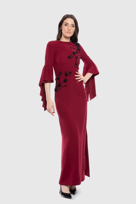Gizia With Ruffled Sleeves Embroidered Detailed Burgundy Dress. 1