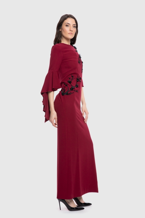 Gizia With Ruffled Sleeves Embroidered Detailed Burgundy Dress. 2