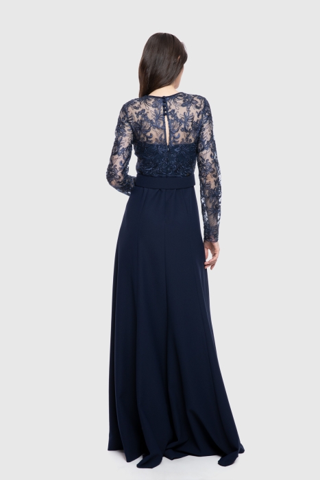 Gizia With Lace Detailed Slit Top Long Navy Blue Dress. 1
