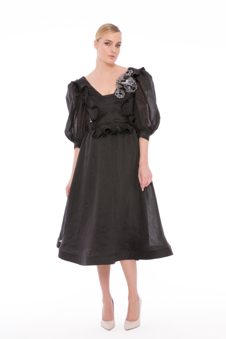Gizia Floral and Stripe Detailed Midi Length Black Dress. 1