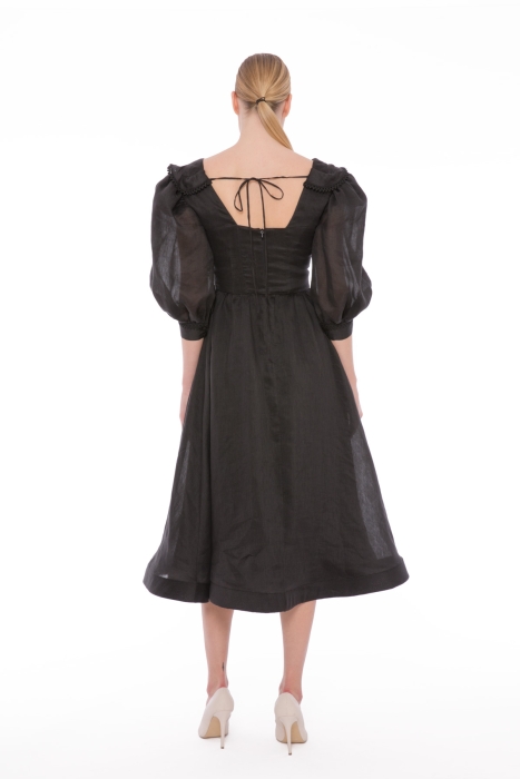 Gizia Floral and Stripe Detailed Midi Length Black Dress. 3