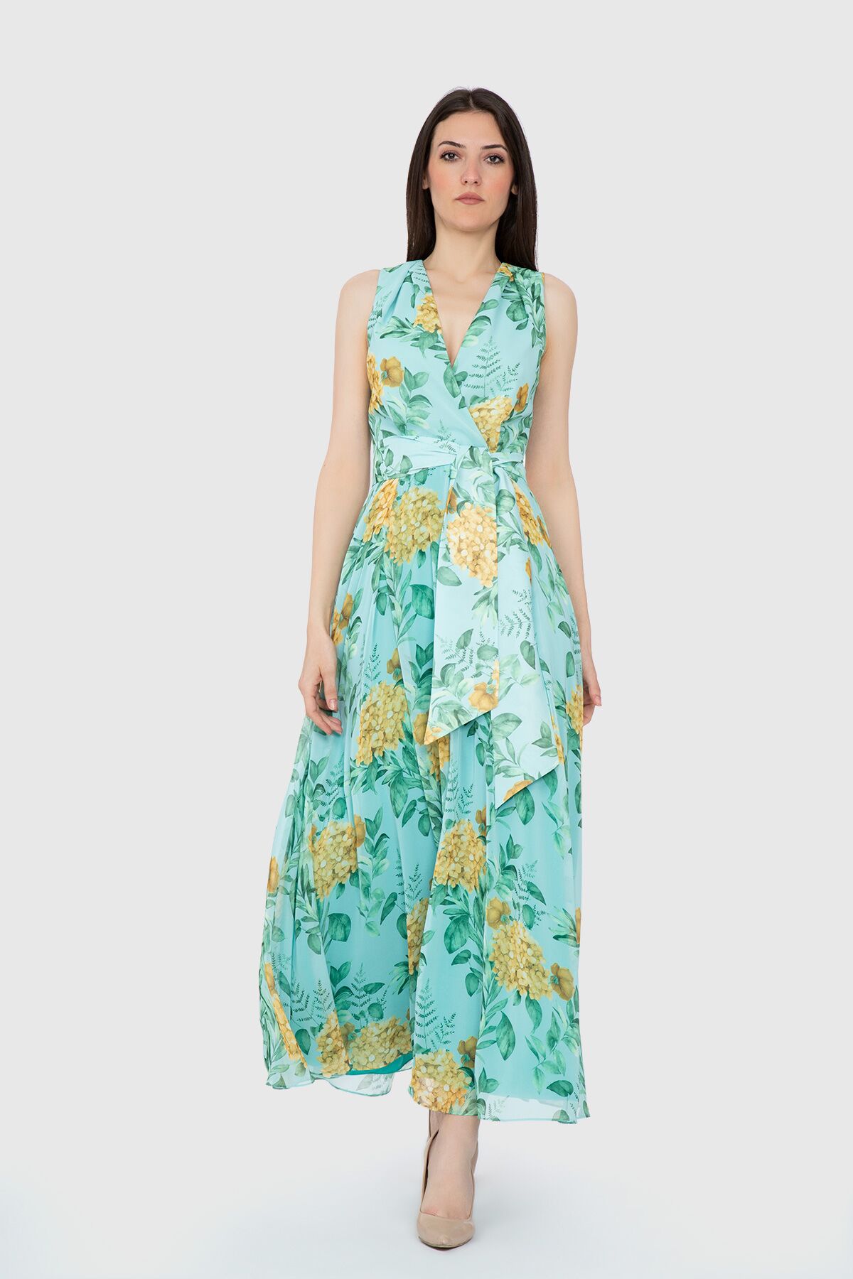 KIWE - Belden Kemerli Çiçek Desenli Sıfır Kol Elbise