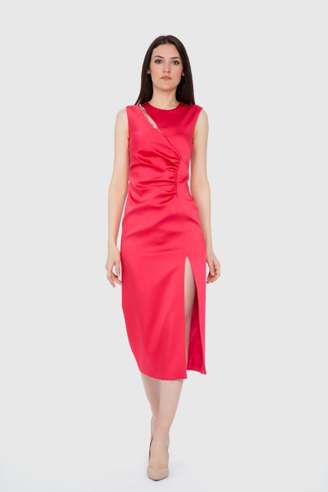 KIWE - Pile Detaylı Yırtmaçlı Pembe Midi Elbise