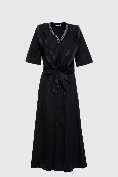  GIZIA - Stone And Waist Sash Tie Detailed Long Black Dress