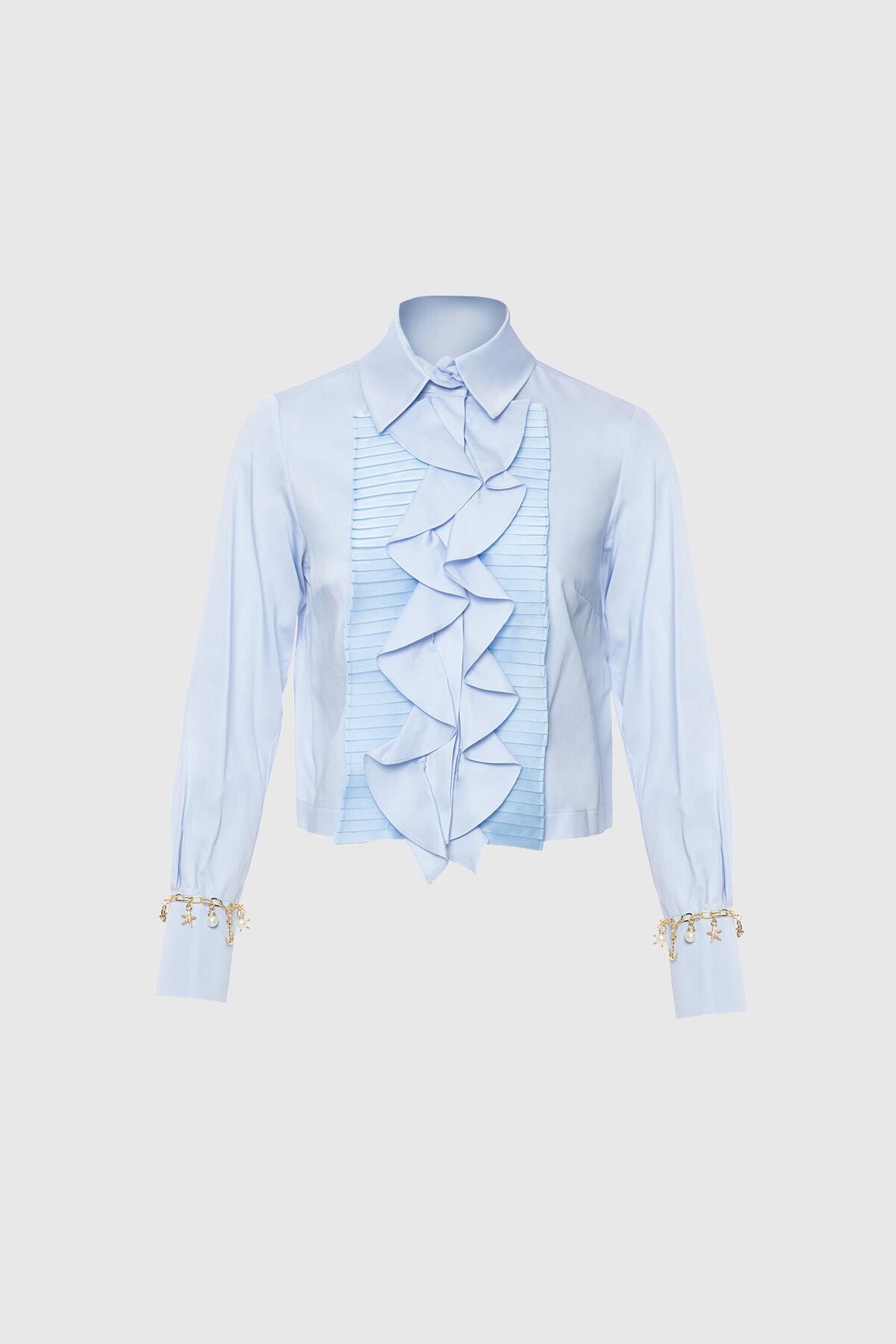  GIZIA - Collar Brooch Sleeve Detailed Pleated Ruffled Blue Shirt