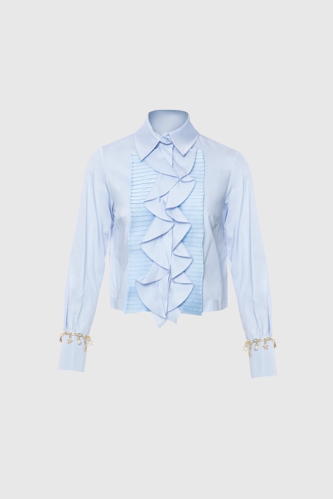 Gizia Collar Brooch Sleeve Detailed Pleated Ruffled Blue Shirt. 1